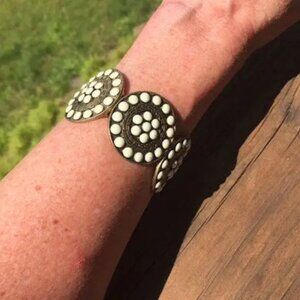 Bronze Gold Medallion Bracelet, White Inlay Half-Beads, Boho, One Size